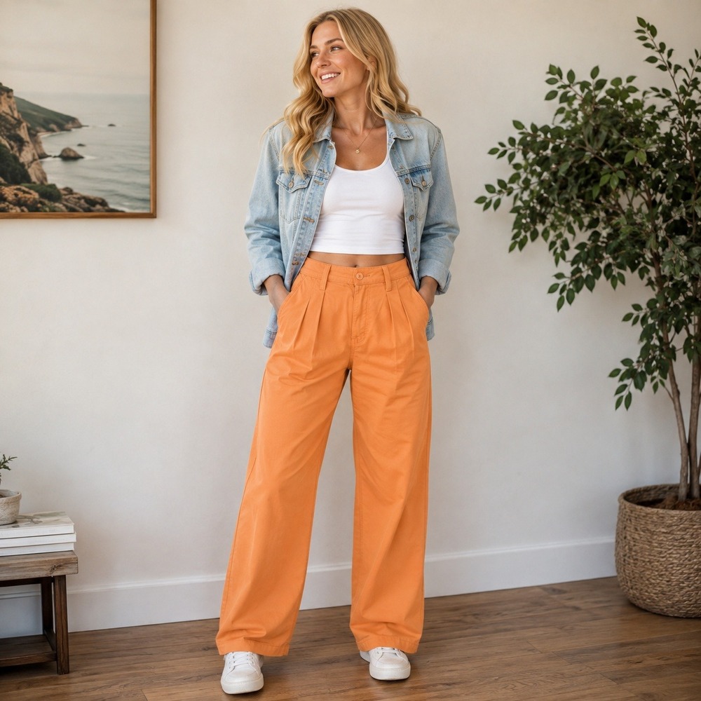 Vans Ground Work Pleated Wide Leg Trousers Orange High Waisted Pants Womens 24